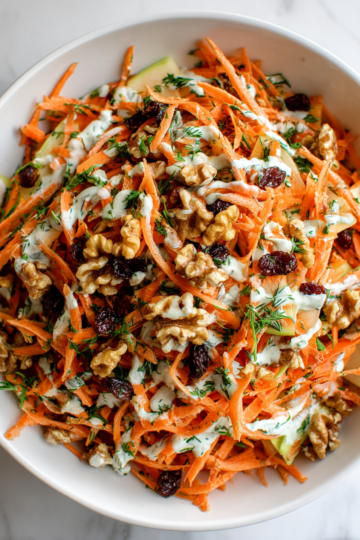 Crisp Carrot and Apple Salad with walnuts and yogurt dressing, perfect for autumn gatherings and healthy meals.