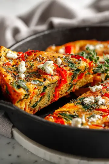 Roasted red pepper and spinach frittata served warm, a colorful dish ideal for brunch gatherings, showcasing vibrant flavors and fresh ingredients.