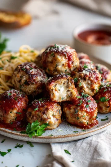 Healthy and delicious mozzarella-stuffed turkey meatballs, perfect for holiday gatherings, featuring gooey cheese and lean turkey.