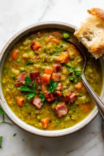 Slow cooker split pea soup with ham, vegetables, and herbs - a heartwarming dish for chilly nights