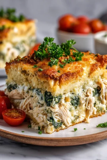 Delicious Chicken and Spinach Casserole topped with crunchy breadcrumbs, a perfect comfort dish for family gatherings and holidays