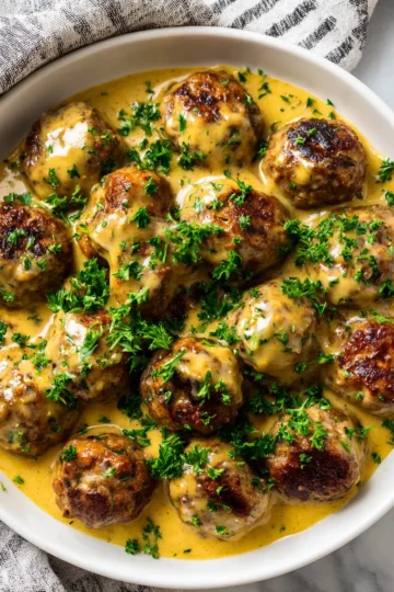 Delicious Swedish meatballs in creamy gravy served over mashed potatoes, a perfect dish for holiday gatherings and cozy family dinners.