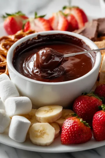 Delicious chocolate fondue perfect for holiday gatherings, featuring fresh fruits and marshmallows, a fun dessert experience.