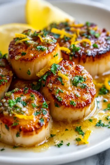 Deliciously seared lemon butter scallops garnished with fresh parsley, a perfect dish for holiday feasts and quick dinners.