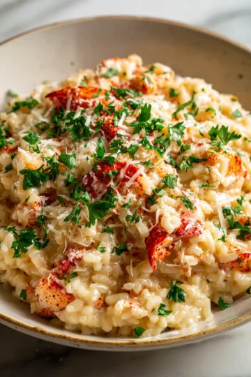 Creamy Lobster Risotto featuring Arborio rice and fresh lobster, perfect for holiday dining, rich flavors, and elegant presentation.