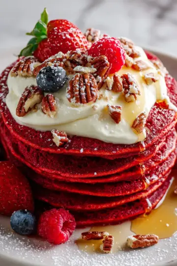Fluffy red velvet pancakes topped with cream cheese frosting, perfect for festive brunches.