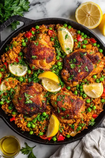 Delicious One-Pan Spanish Chicken and Rice with vibrant spices and colorful ingredients, ideal for festive gatherings.