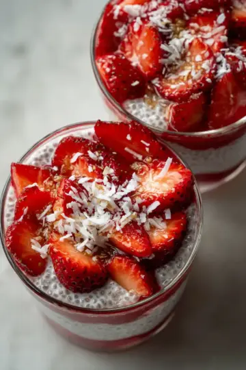 Strawberry chia seed pudding topped with fresh strawberries for a healthy dessert option