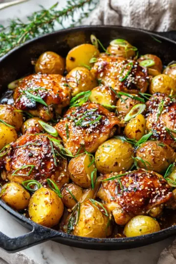 One-Pan Honey Garlic Chicken with crispy potatoes, a savory and sweet dish perfect for holiday gatherings, easy cleanup, and comforting flavors.