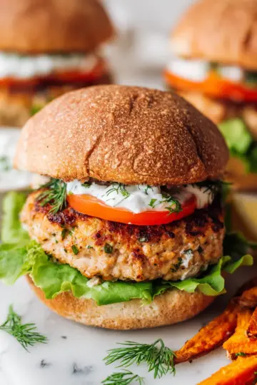 Juicy air fryer turkey burgers recipe with whole-grain buns, topped with fresh veggies and Greek yogurt, ideal for quick holiday meals.