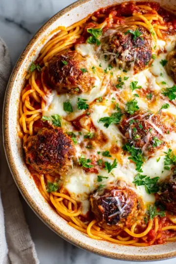 A cozy dish of baked spaghetti and meatballs topped with gooey cheese, perfect for autumn dinners and holiday gatherings with family.