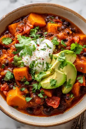 Slow Cooker Sweet Potato & Black Bean Chili - A hearty, meatless dish perfect for cold nights, made with sweet potatoes and black beans.