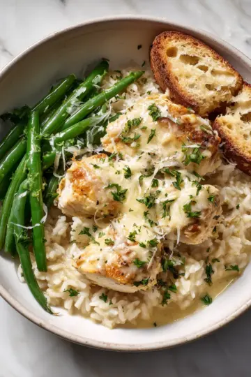 Creamy Parmesan chicken and rice in one pan, a cozy and comforting dish perfect for family gatherings in autumn.