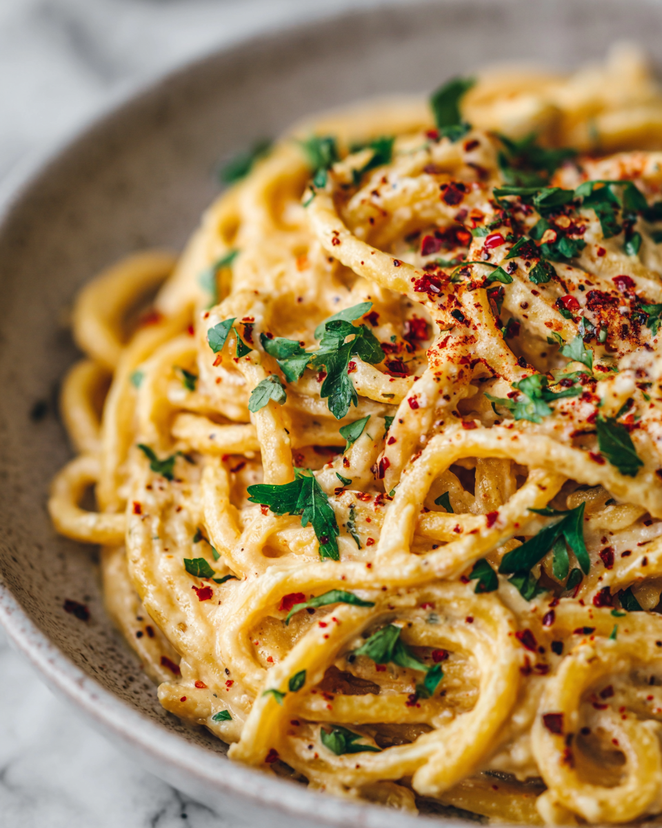 Creamy Hummus Pasta with garlic and vegetable broth, a nutritious and comforting dish perfect for busy weeknights.