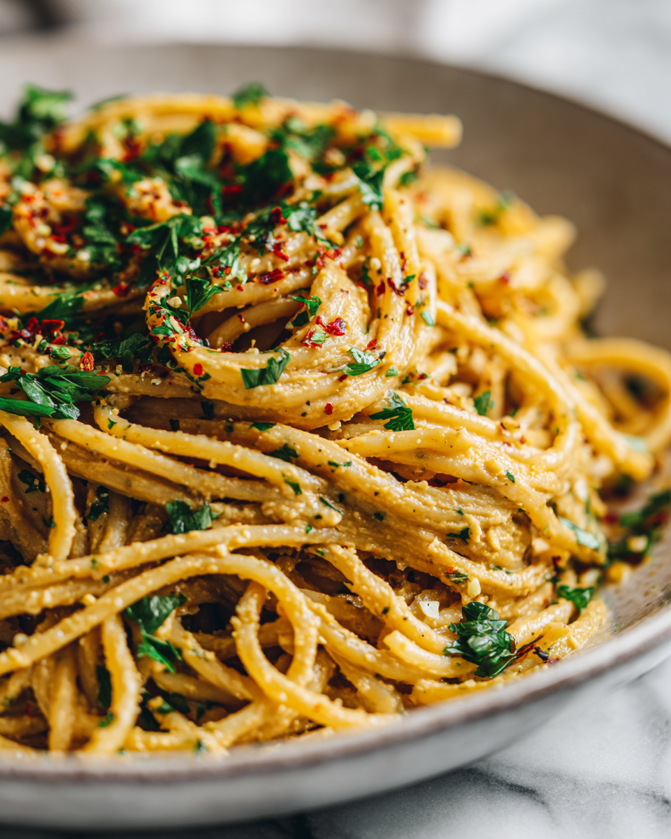 Creamy Hummus Pasta with garlic and vegetable broth, a nutritious and comforting dish perfect for busy weeknights.
