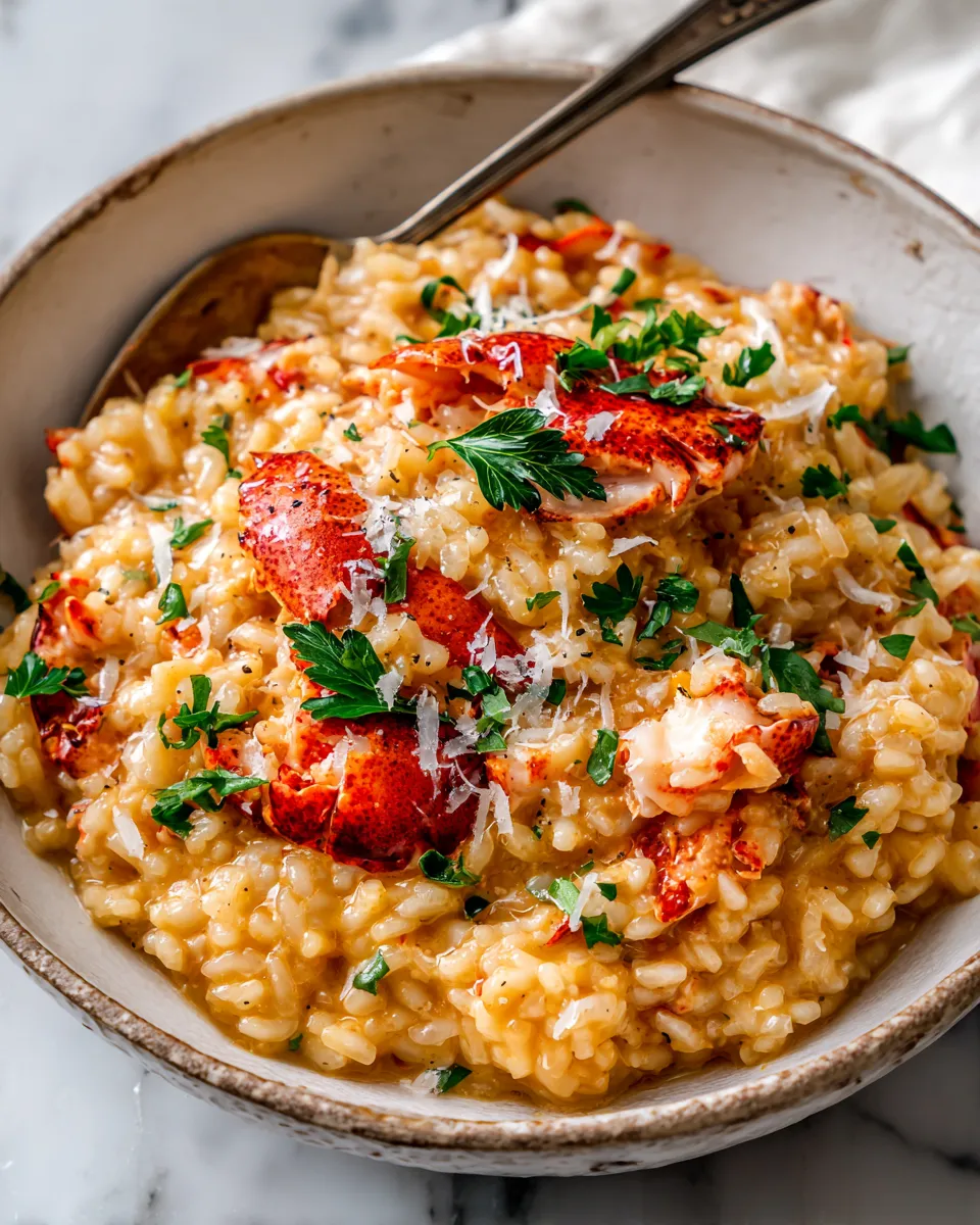 Creamy Lobster Risotto featuring Arborio rice and fresh lobster, perfect for holiday dining, rich flavors, and elegant presentation.