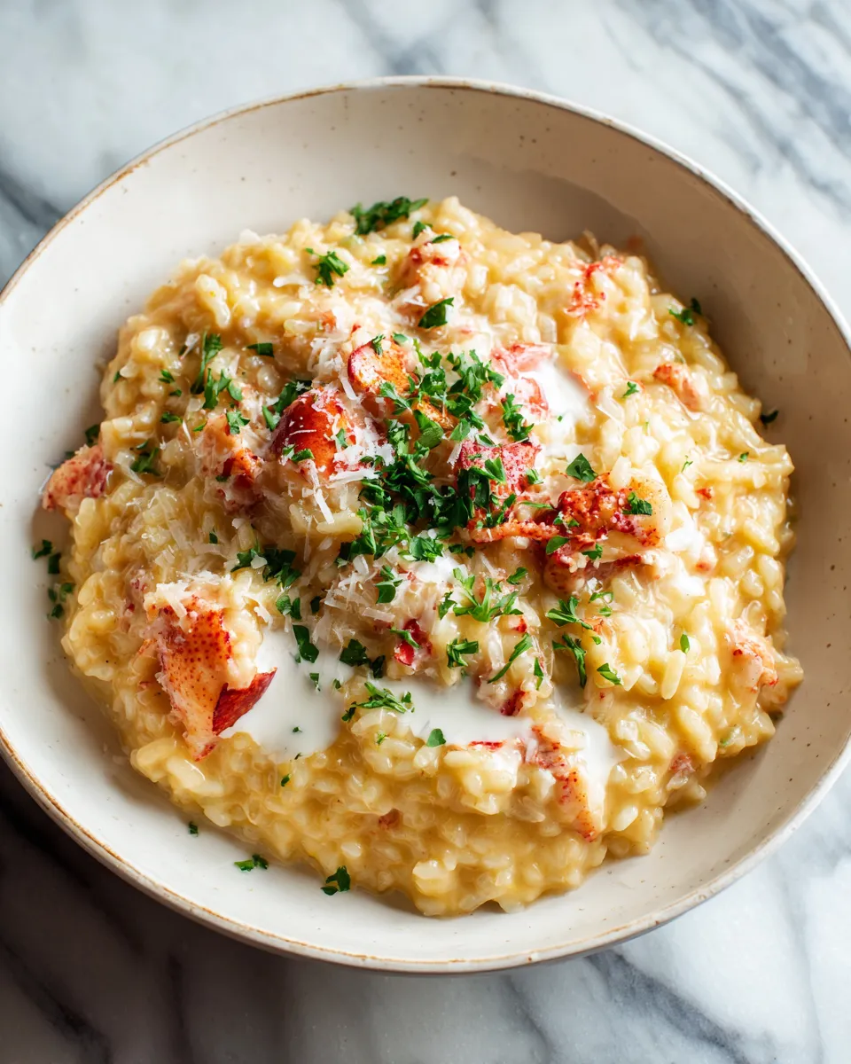 Creamy Lobster Risotto featuring Arborio rice and fresh lobster, perfect for holiday dining, rich flavors, and elegant presentation.