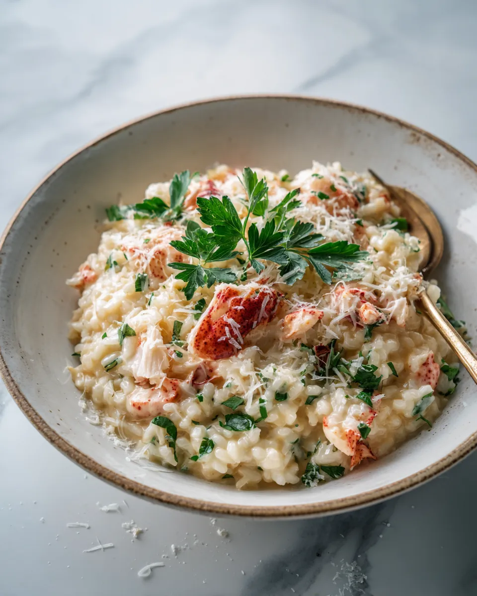 Creamy Lobster Risotto featuring Arborio rice and fresh lobster, perfect for holiday dining, rich flavors, and elegant presentation.