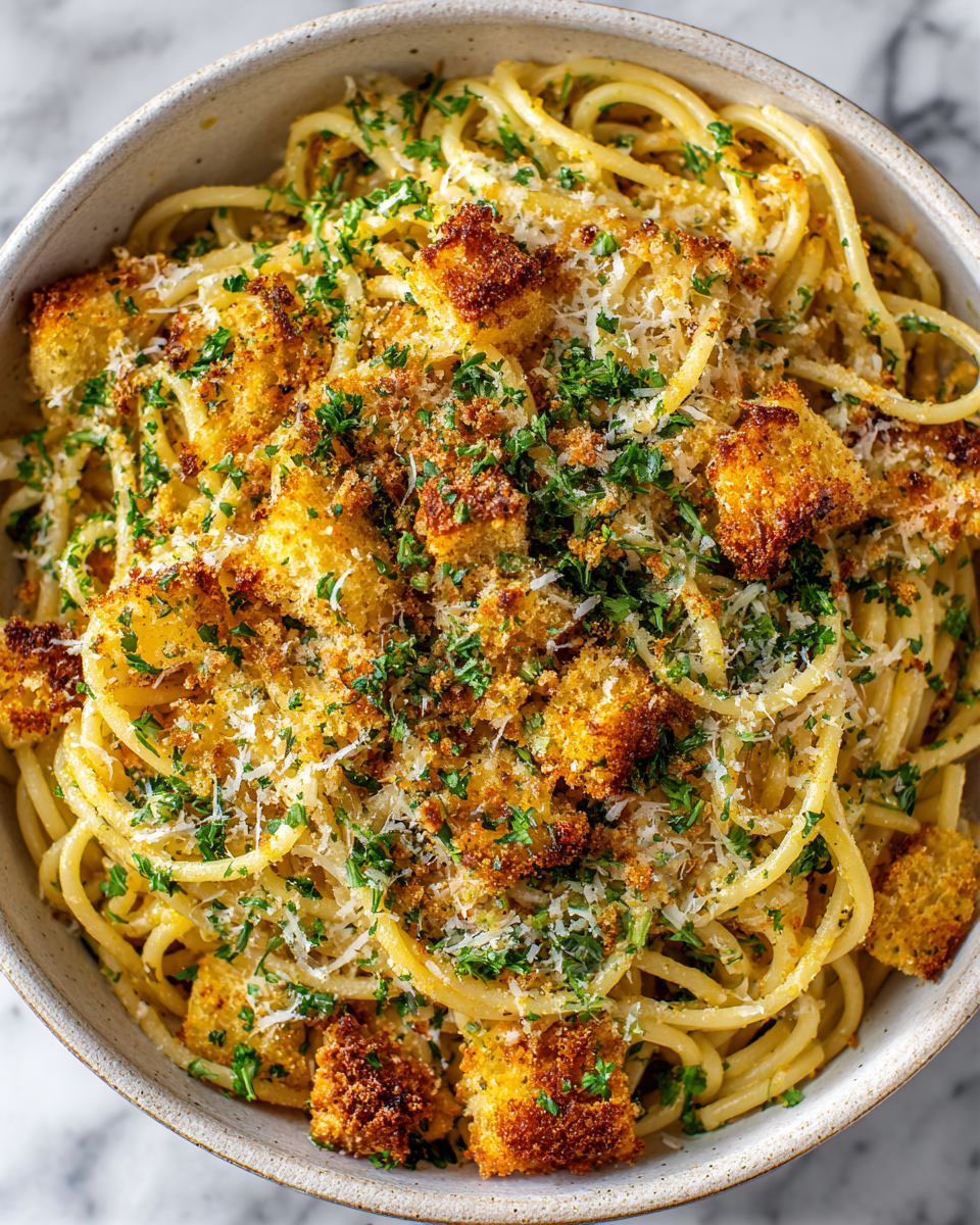 Delicious Garlic Bread Pasta garnished with parsley, combining the flavors of garlic bread and spaghetti, perfect for holidays.