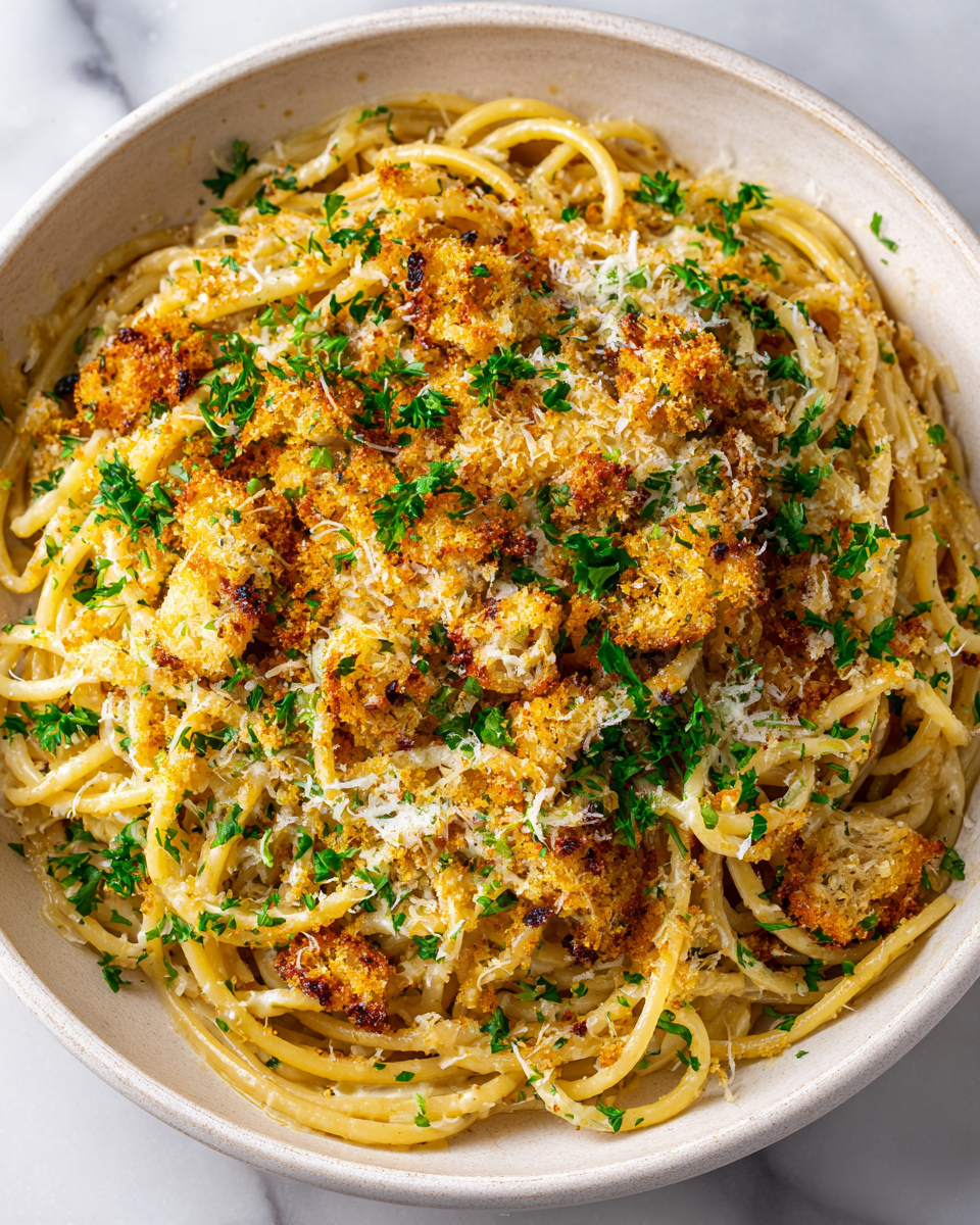 Delicious Garlic Bread Pasta garnished with parsley, combining the flavors of garlic bread and spaghetti, perfect for holidays.