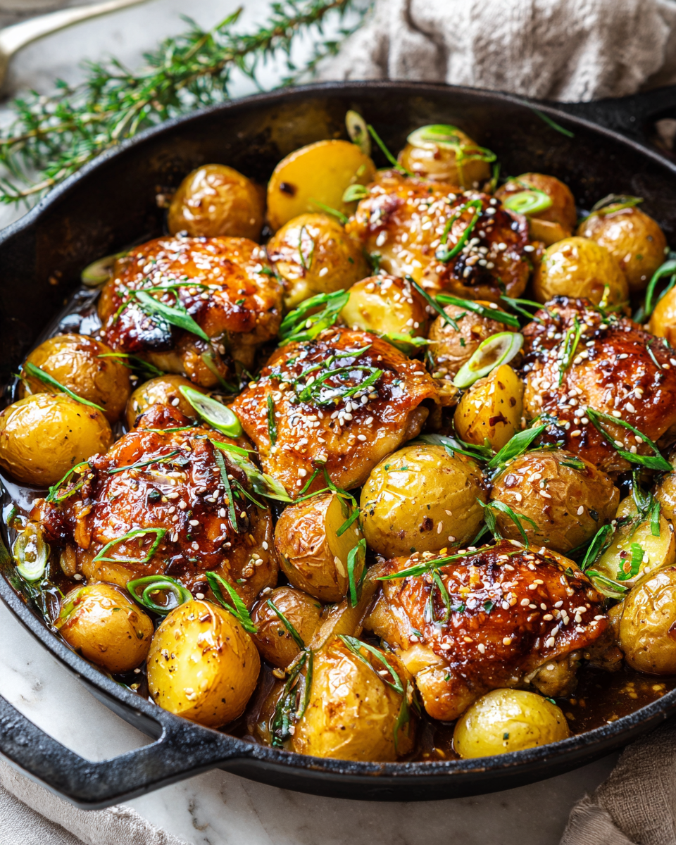 One-Pan Honey Garlic Chicken with crispy potatoes, a savory and sweet dish perfect for holiday gatherings, easy cleanup, and comforting flavors.