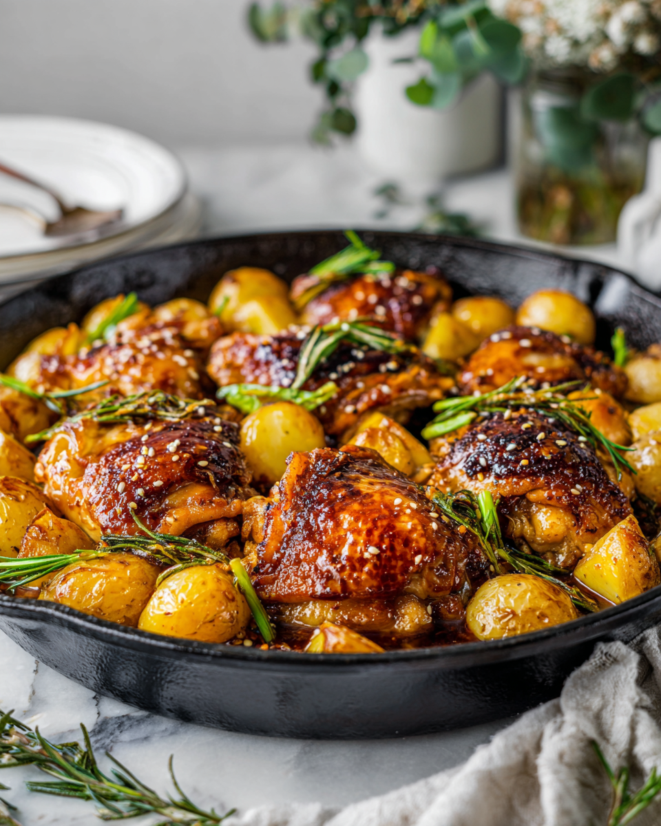 One-Pan Honey Garlic Chicken with crispy potatoes, a savory and sweet dish perfect for holiday gatherings, easy cleanup, and comforting flavors.
