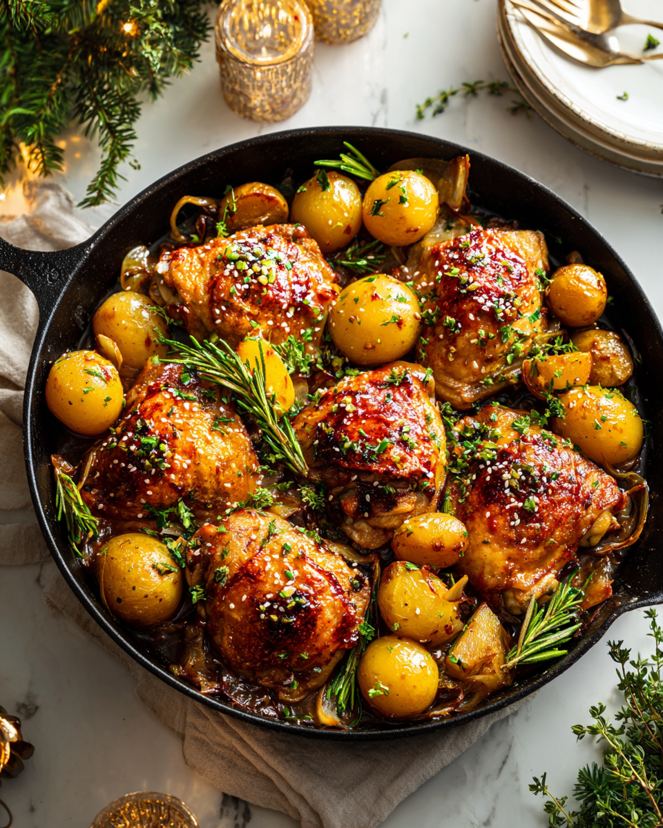 One-Pan Honey Garlic Chicken with crispy potatoes, a savory and sweet dish perfect for holiday gatherings, easy cleanup, and comforting flavors.