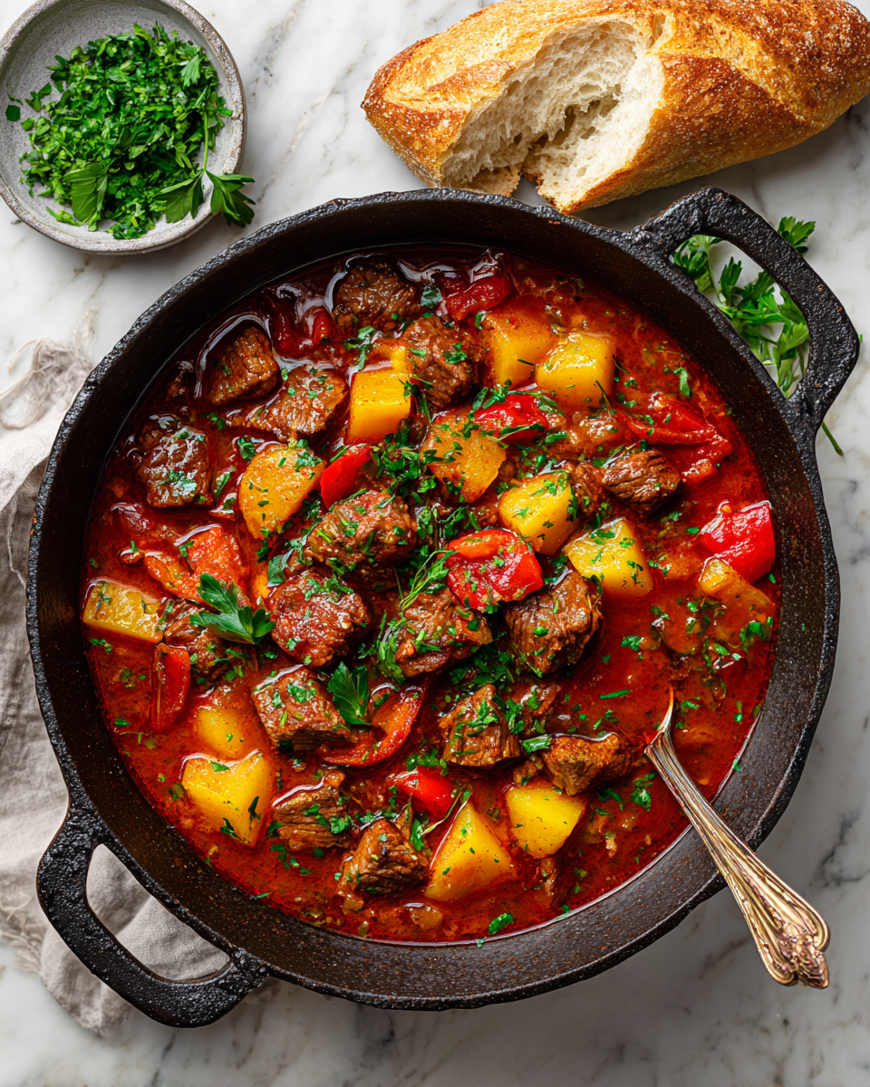 Delicious bowl of Hungarian Goulash, a hearty winter dish made with beef, spices, and vegetables, perfect for cozy gatherings.