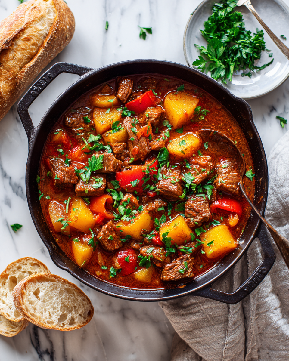 Delicious bowl of Hungarian Goulash, a hearty winter dish made with beef, spices, and vegetables, perfect for cozy gatherings.