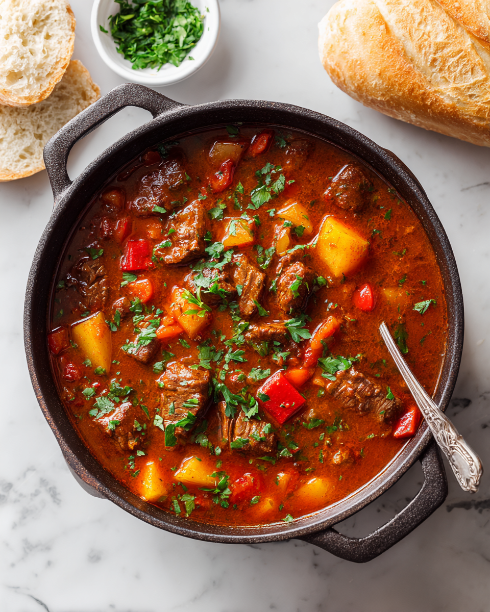 Delicious bowl of Hungarian Goulash, a hearty winter dish made with beef, spices, and vegetables, perfect for cozy gatherings.