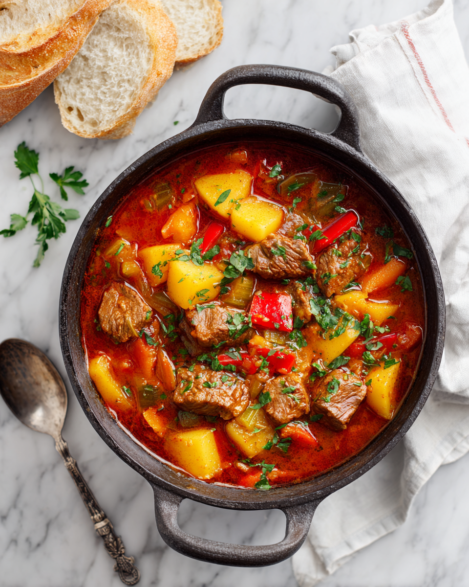 Delicious bowl of Hungarian Goulash, a hearty winter dish made with beef, spices, and vegetables, perfect for cozy gatherings.