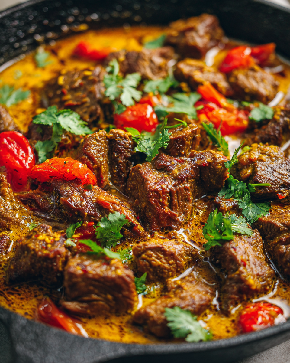 Aromatic Lamb Kalya stew with tender lamb shoulder, spices, and coconut milk served in a bowl, ideal for holiday gatherings.