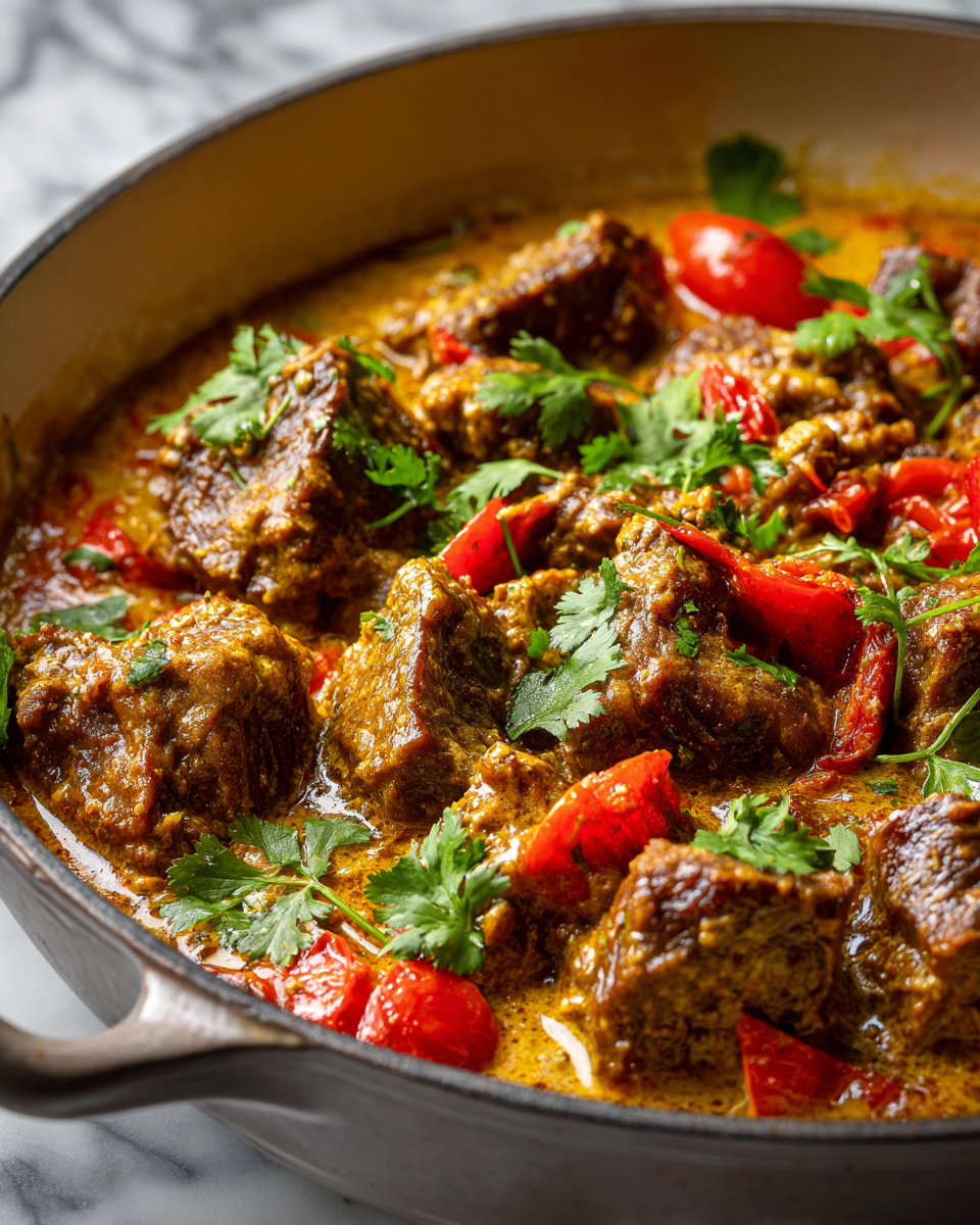 Aromatic Lamb Kalya stew with tender lamb shoulder, spices, and coconut milk served in a bowl, ideal for holiday gatherings.