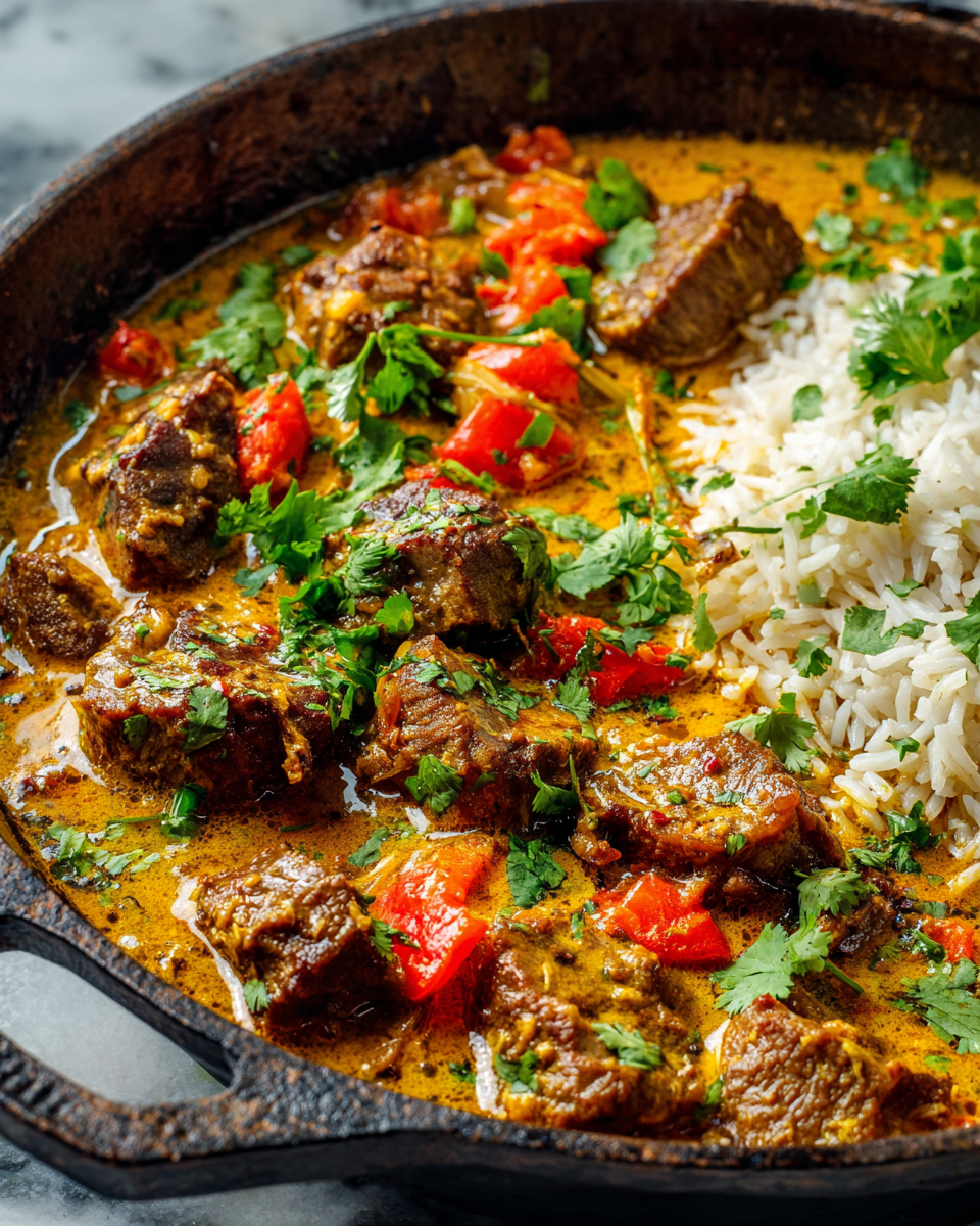 Aromatic Lamb Kalya stew with tender lamb shoulder, spices, and coconut milk served in a bowl, ideal for holiday gatherings.