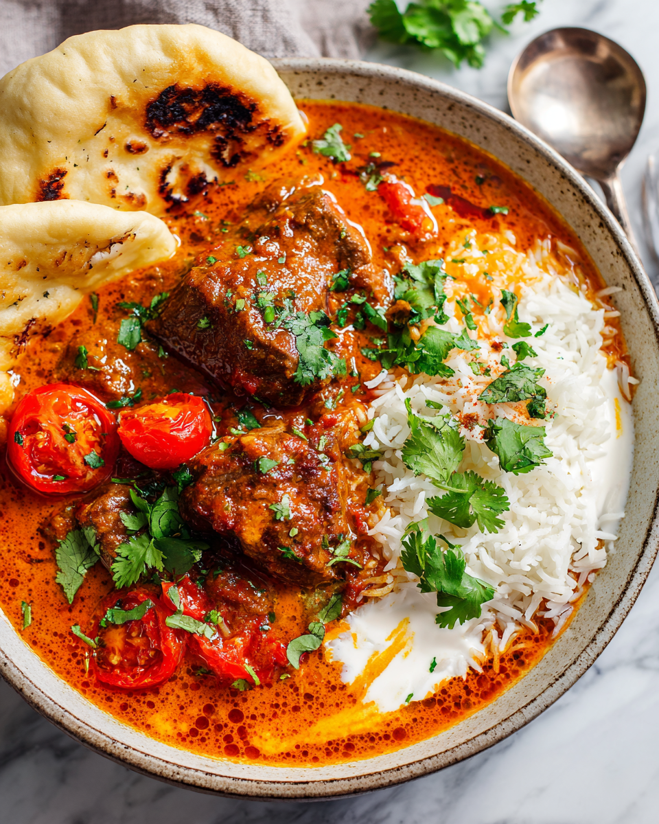 Delicious Lamb Madras Curry served with rice, a cozy dish for festive gatherings and comforting meals