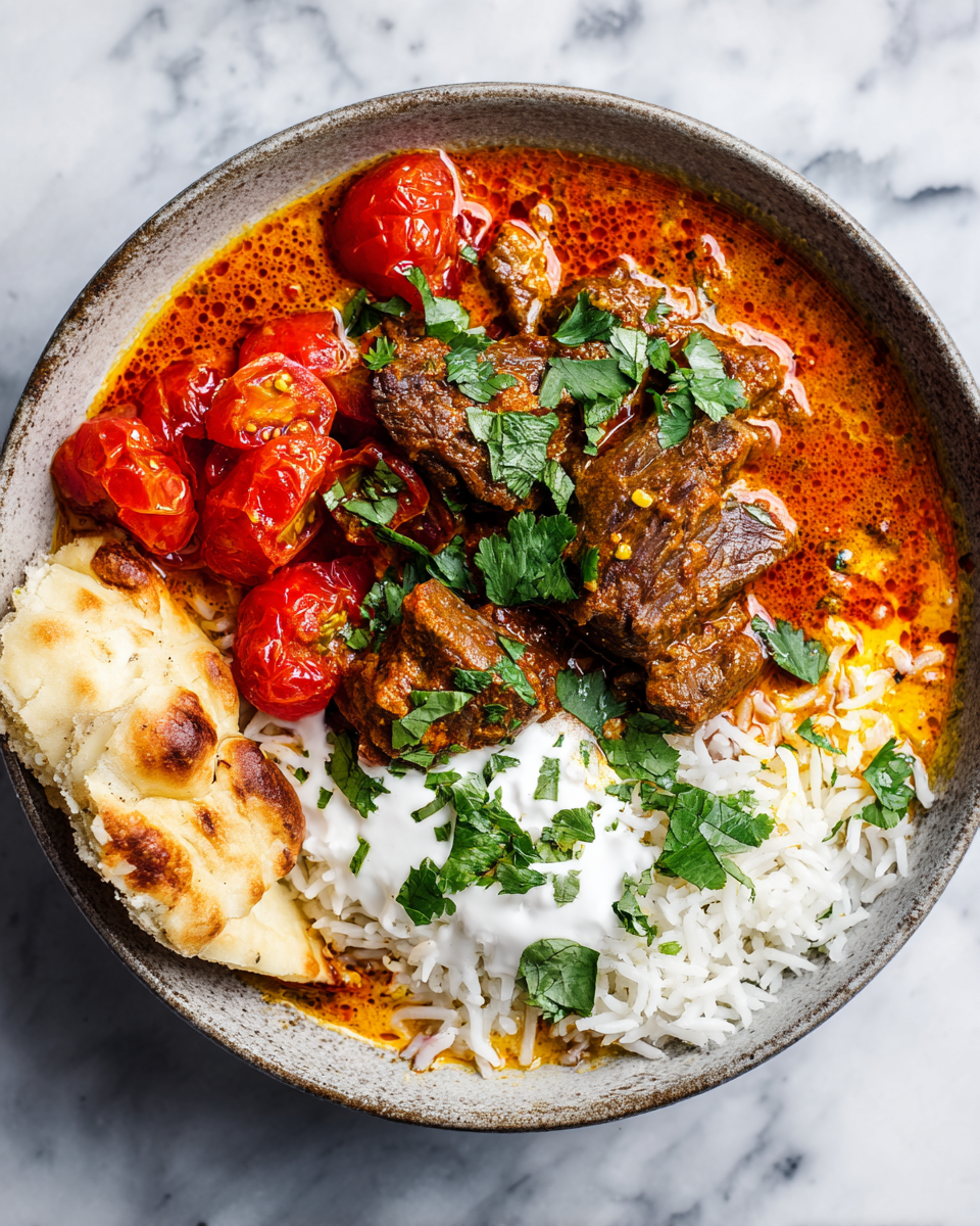 Delicious Lamb Madras Curry served with rice, a cozy dish for festive gatherings and comforting meals