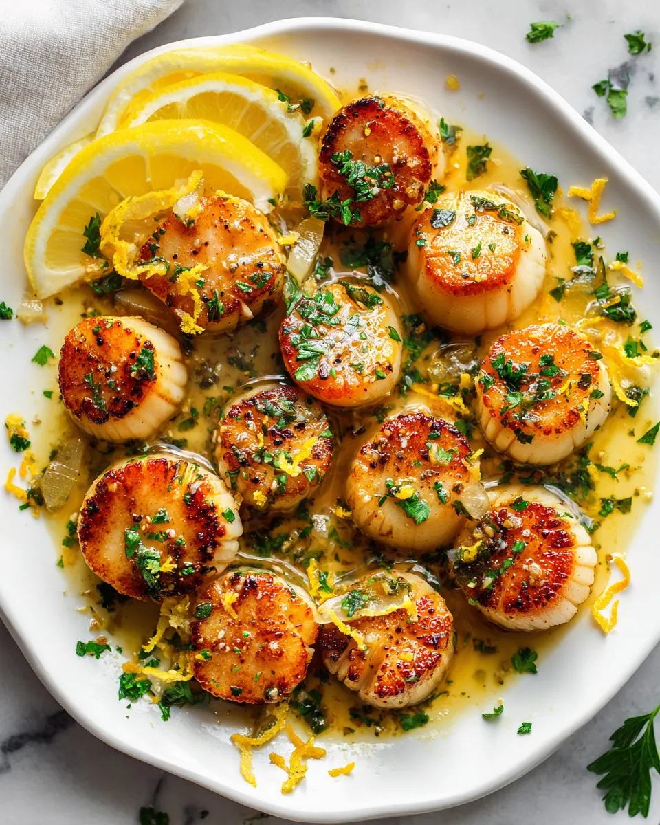 Deliciously seared lemon butter scallops garnished with fresh parsley, a perfect dish for holiday feasts and quick dinners.