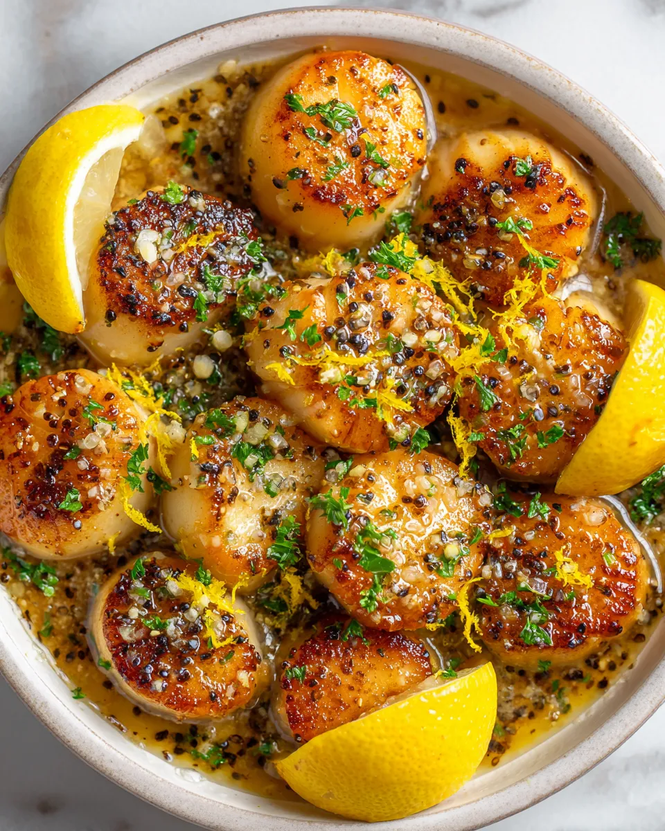 Deliciously seared lemon butter scallops garnished with fresh parsley, a perfect dish for holiday feasts and quick dinners.