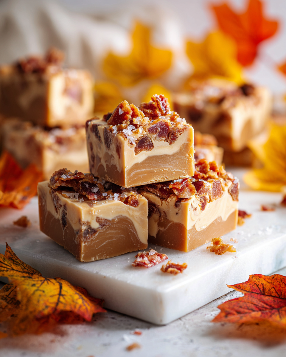 Delicious Maple Bacon Fudge with crispy bacon, perfect for holiday gifting and gatherings, featuring a sweet and savory flavor combination.