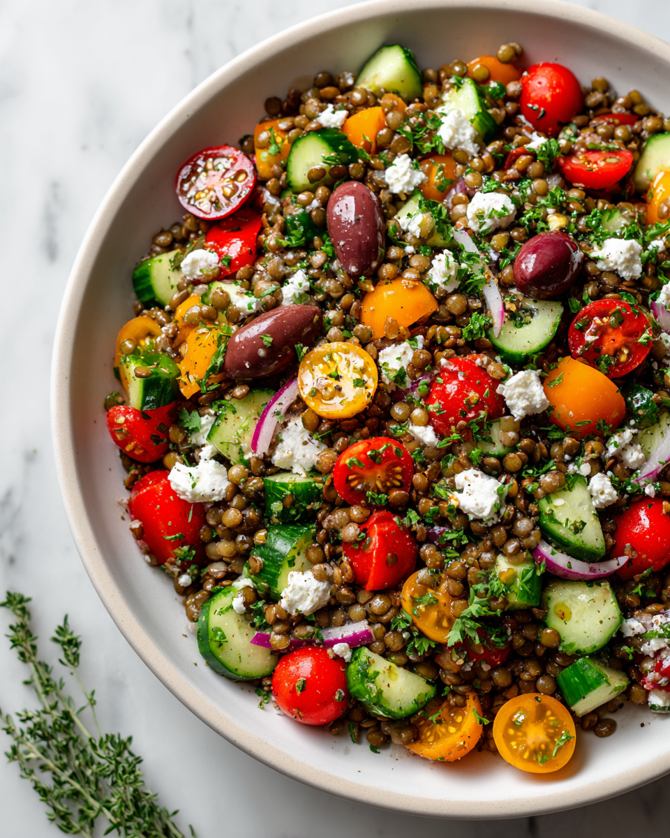 Vibrant Mediterranean Lentil Salad with fresh vegetables and lentils, perfect as a healthy fall dish