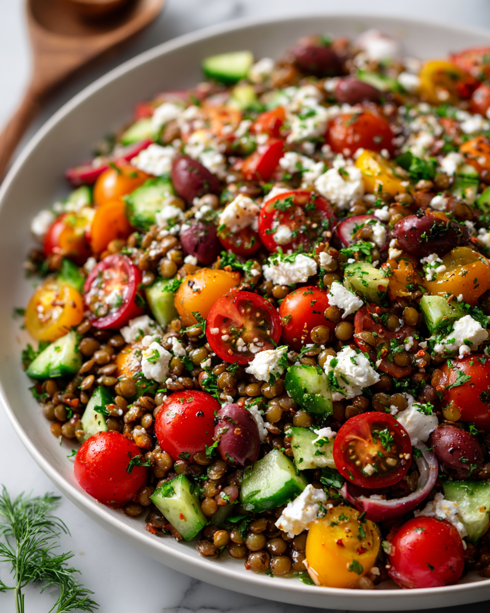 Vibrant Mediterranean Lentil Salad with fresh vegetables and lentils, perfect as a healthy fall dish