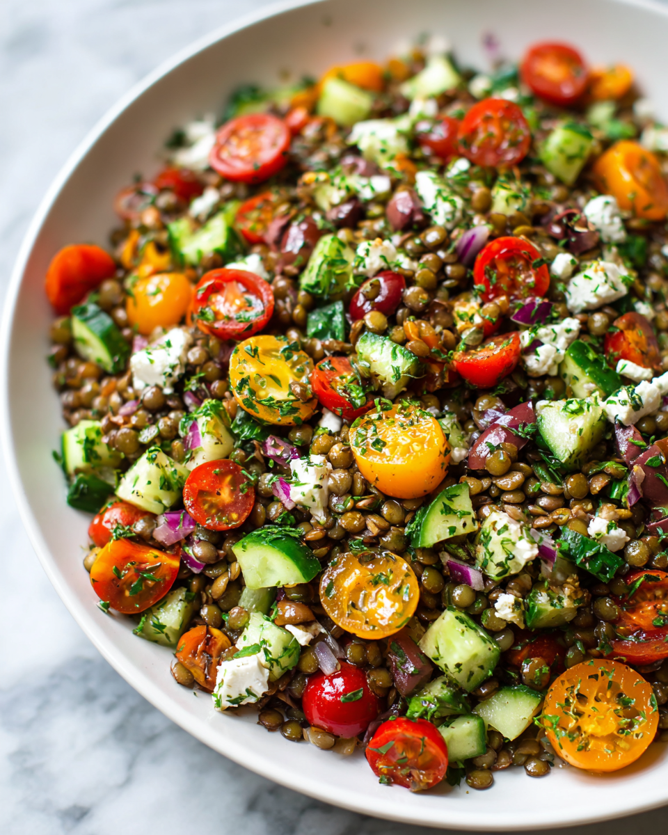 Vibrant Mediterranean Lentil Salad with fresh vegetables and lentils, perfect as a healthy fall dish