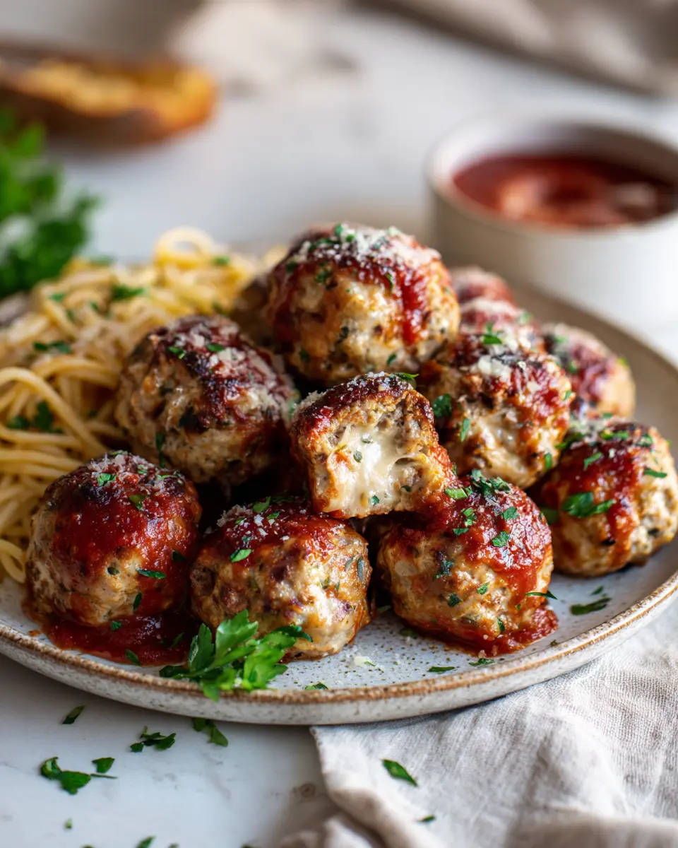 Healthy and delicious mozzarella-stuffed turkey meatballs, perfect for holiday gatherings, featuring gooey cheese and lean turkey.