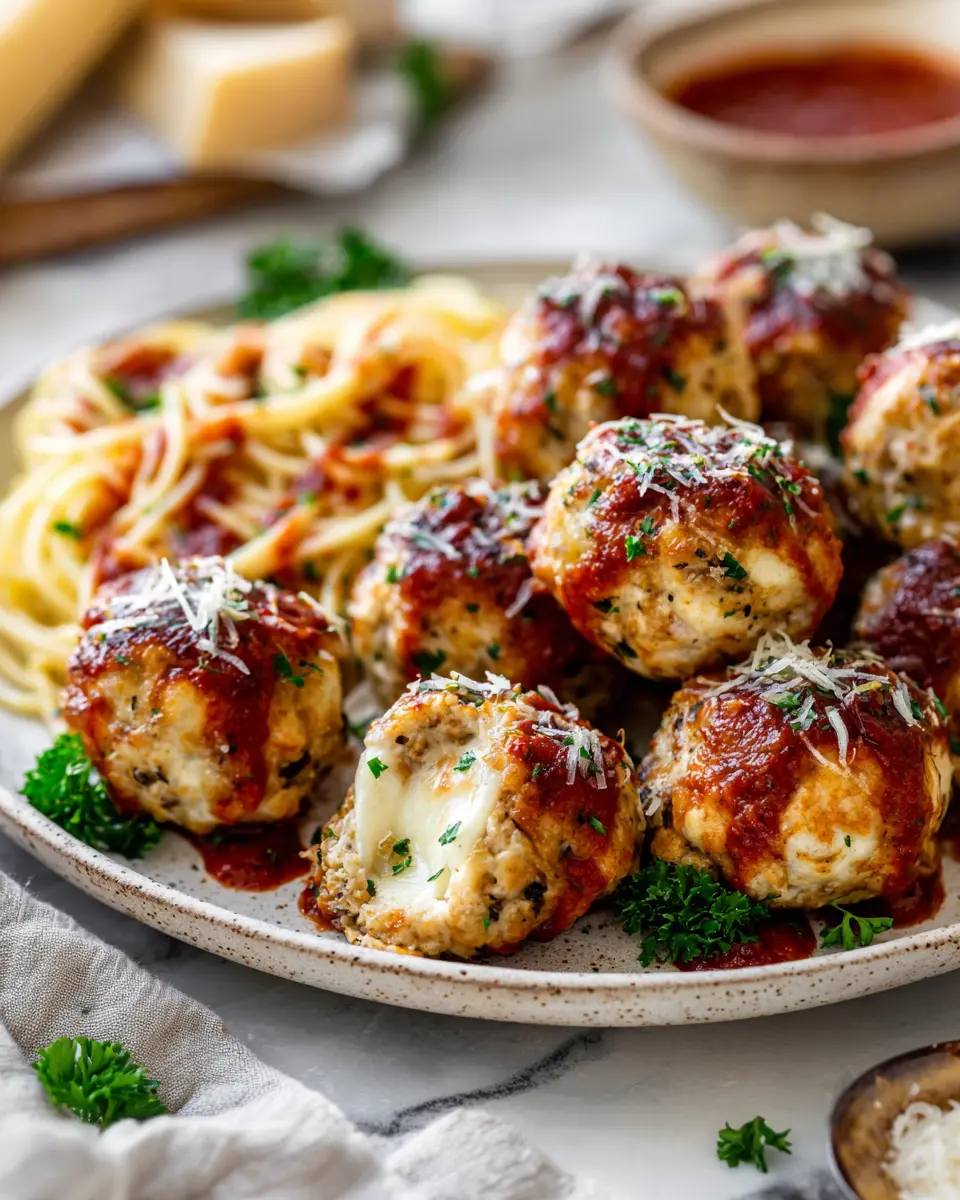 Healthy and delicious mozzarella-stuffed turkey meatballs, perfect for holiday gatherings, featuring gooey cheese and lean turkey.