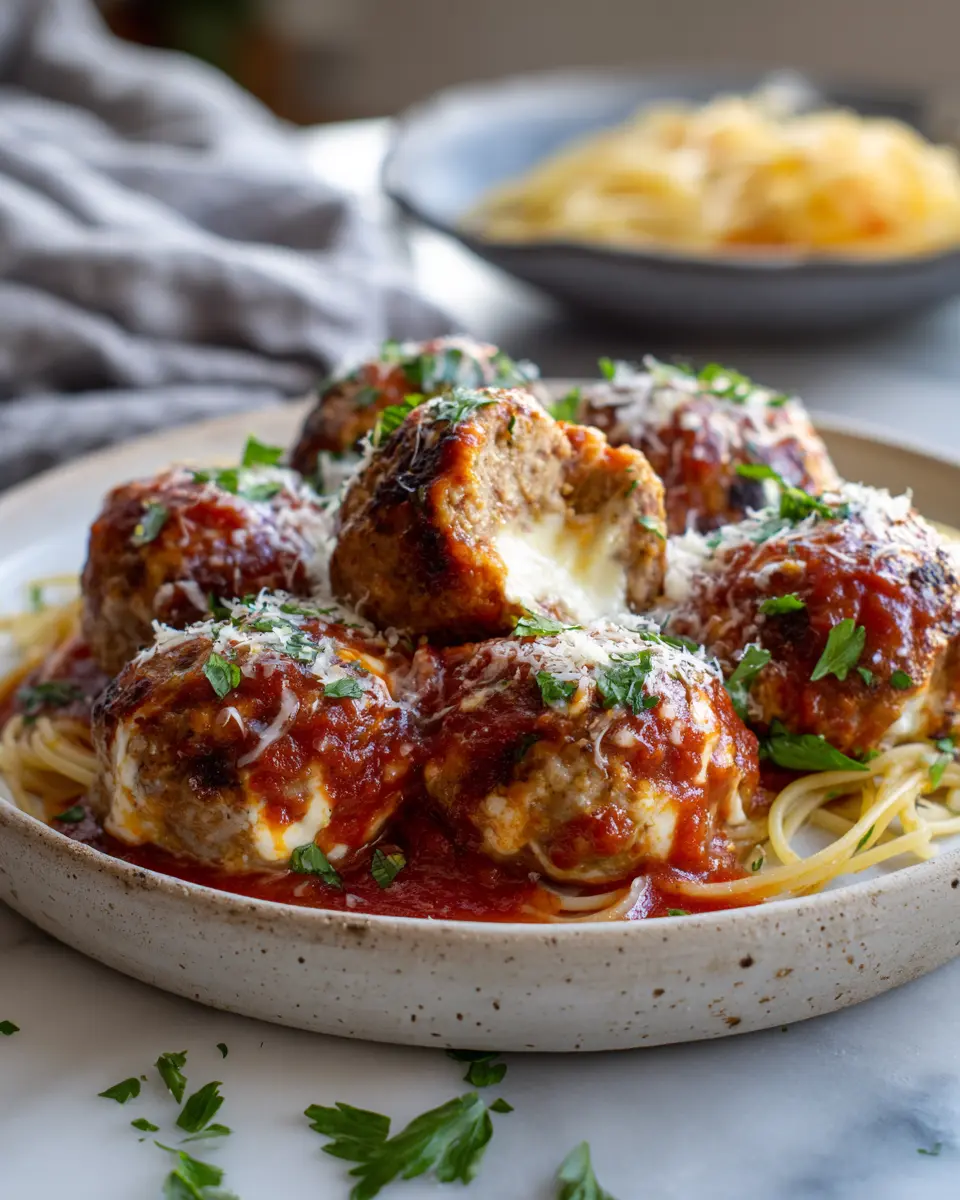 Healthy and delicious mozzarella-stuffed turkey meatballs, perfect for holiday gatherings, featuring gooey cheese and lean turkey.