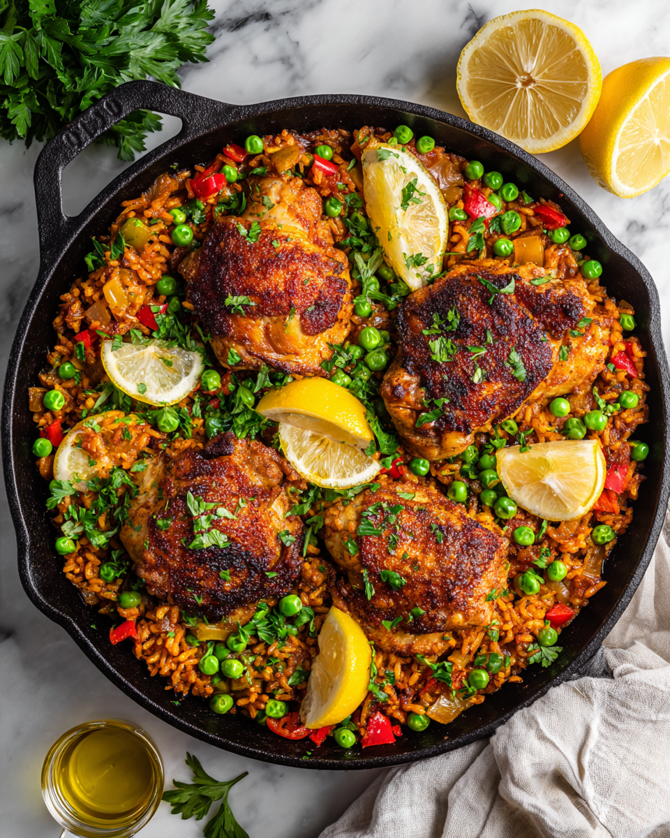 Delicious One-Pan Spanish Chicken and Rice with vibrant spices and colorful ingredients, ideal for festive gatherings.