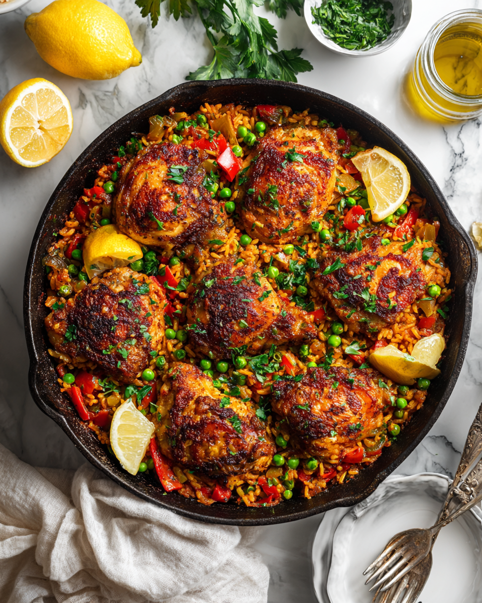 Delicious One-Pan Spanish Chicken and Rice with vibrant spices and colorful ingredients, ideal for festive gatherings.