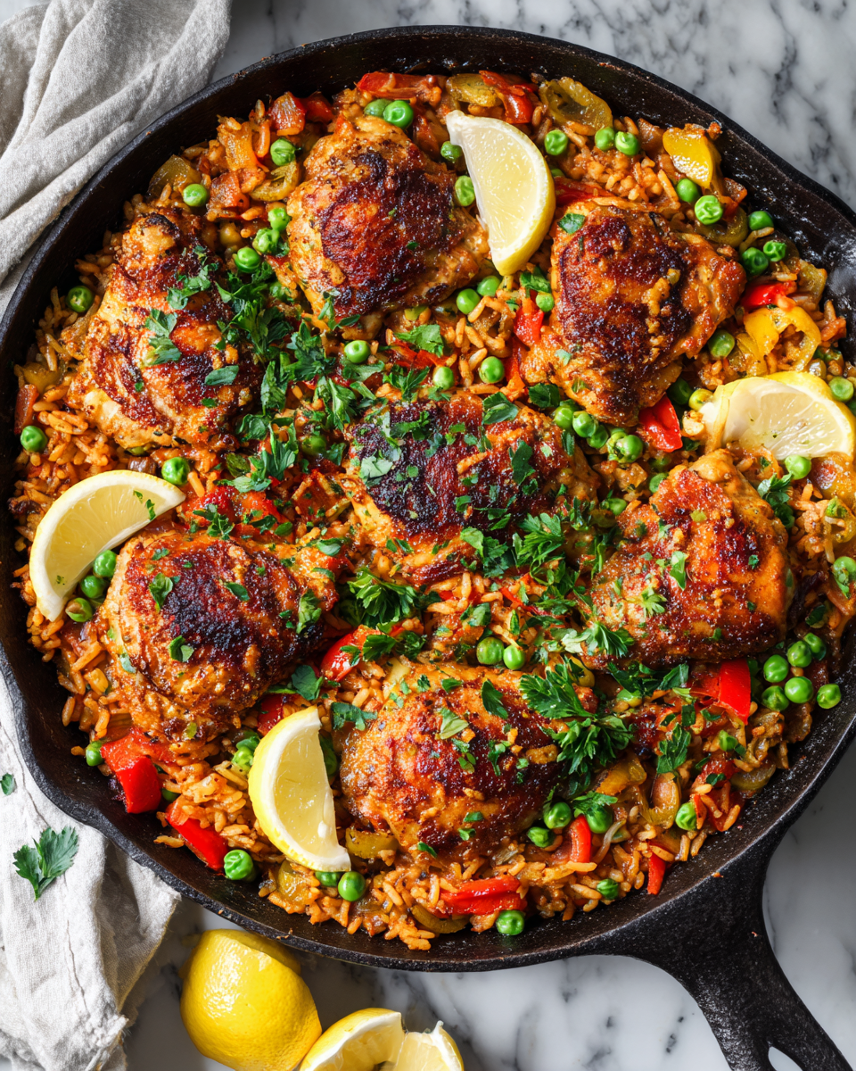 Delicious One-Pan Spanish Chicken and Rice with vibrant spices and colorful ingredients, ideal for festive gatherings.