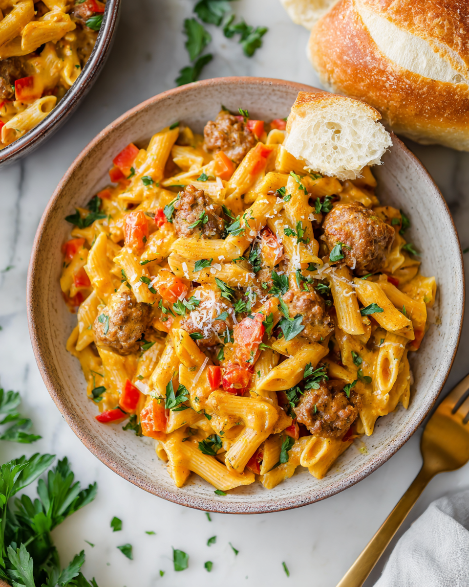 One-Pot Cheesy Sausage Pasta featuring Italian sausage and creamy sauce, quick and delicious meal for holidays