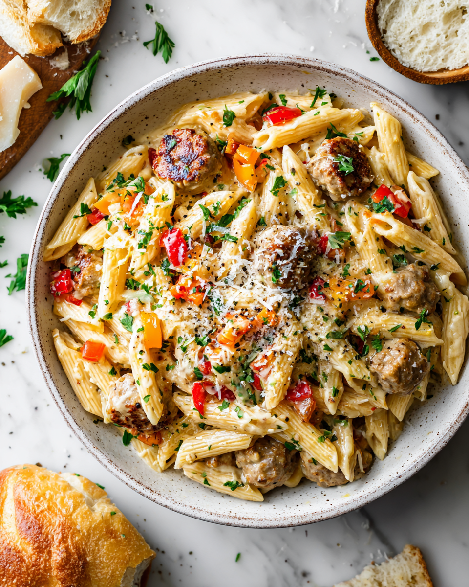 One-Pot Cheesy Sausage Pasta featuring Italian sausage and creamy sauce, quick and delicious meal for holidays